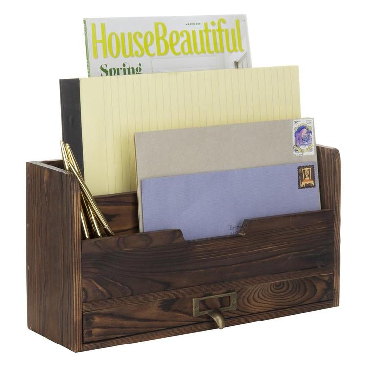 3-Tier Coffee Brown Wood Office Desk File Organizer Mail Sorter Tray Holder w/ Storage Drawer - MyGift Enterprise LLC