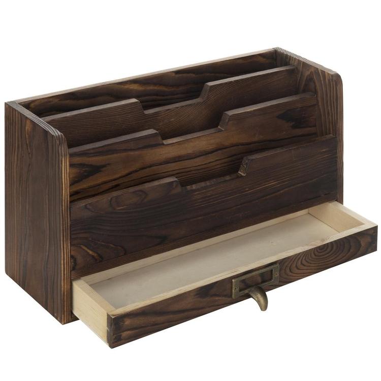 3-Tier Coffee Brown Wood Office Desk File Organizer Mail Sorter Tray Holder w/ Storage Drawer - MyGift Enterprise LLC