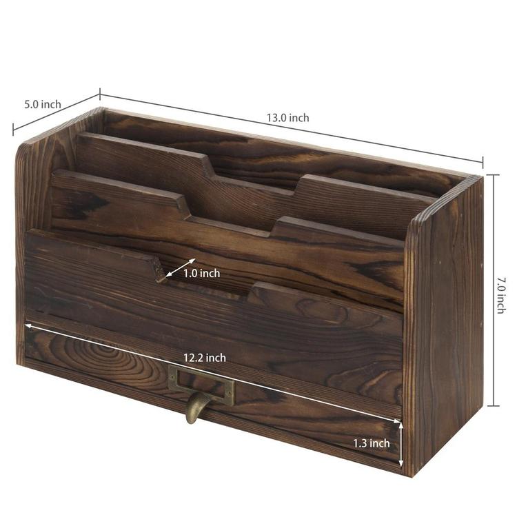 3-Tier Coffee Brown Wood Office Desk File Organizer Mail Sorter Tray Holder w/ Storage Drawer - MyGift Enterprise LLC