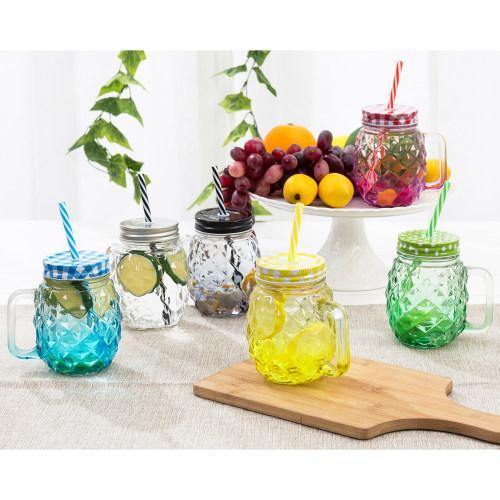 Colorful Pineapple-Shaped Mason Jar Mug Glasses with Straws & Lids, Set of 6 - MyGift