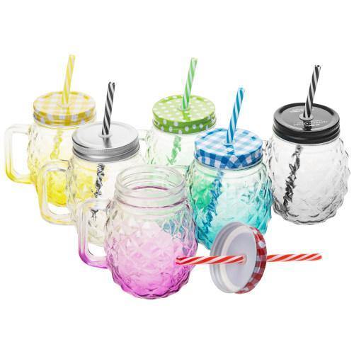 Colorful Pineapple-Shaped Mason Jar Mug Glasses with Straws & Lids, Set of 6 - MyGift