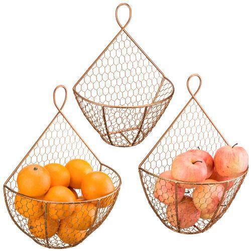 Copper Metal Wire Wall Hanging Produce Baskets, Set of 3 - MyGift