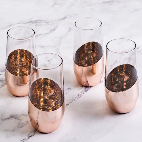Modern Stemless Champagne Flute Glasses w/ Hammered Copper Plated Base, Set  of 4