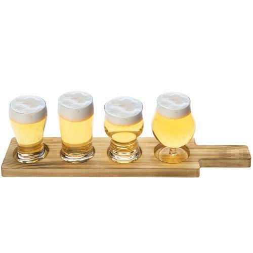 Craft Beer Tasting Flight Set with 4 Glasses & Brown Wood Paddle Serving Tray - MyGift