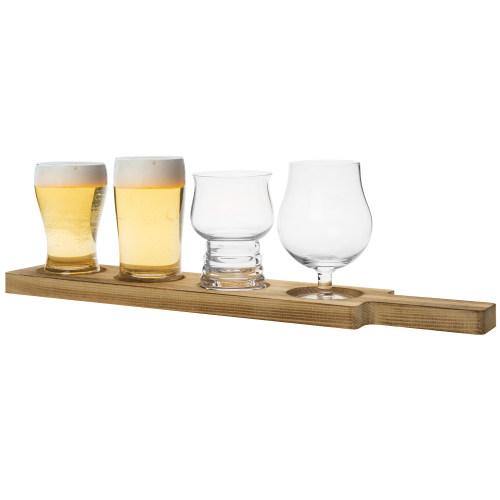 Craft Beer Tasting Flight Set with 4 Glasses & Brown Wood Paddle Serving Tray - MyGift
