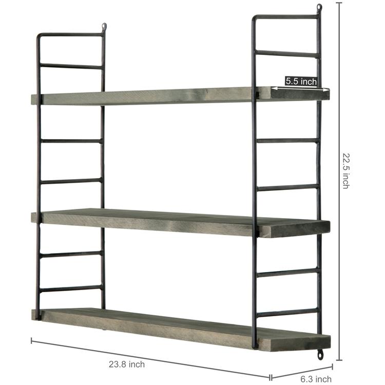 Dark Gray Wood & Industrial Metal Adjustable Wall Mounted Shelf