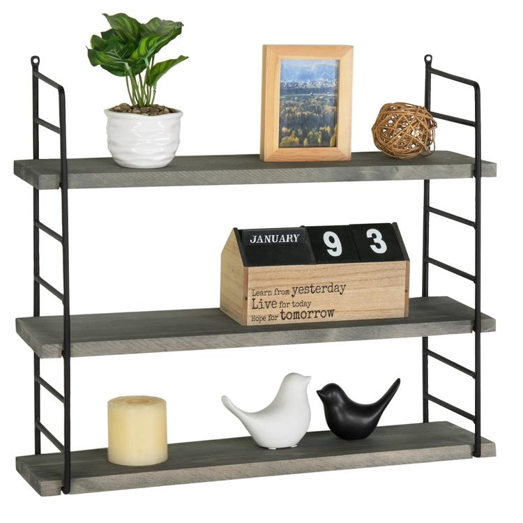 Dark Gray Wood & Industrial Metal Adjustable Wall Mounted Shelf