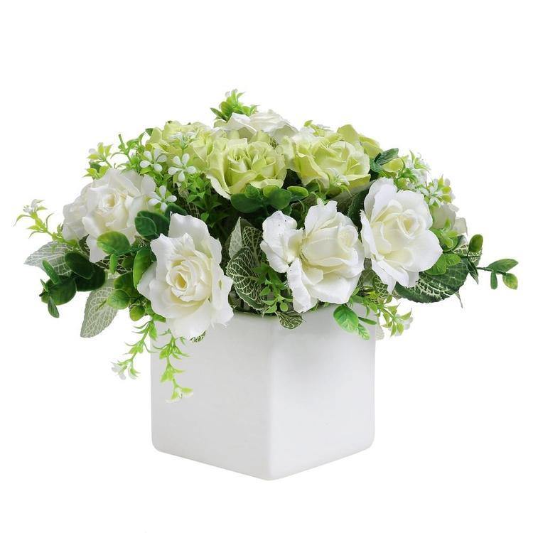Faux Ivory Rose Floral Arrangement in White Ceramic Vase - MyGift