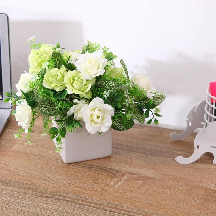 Faux Ivory Rose Floral Arrangement in White Ceramic Vase - MyGift