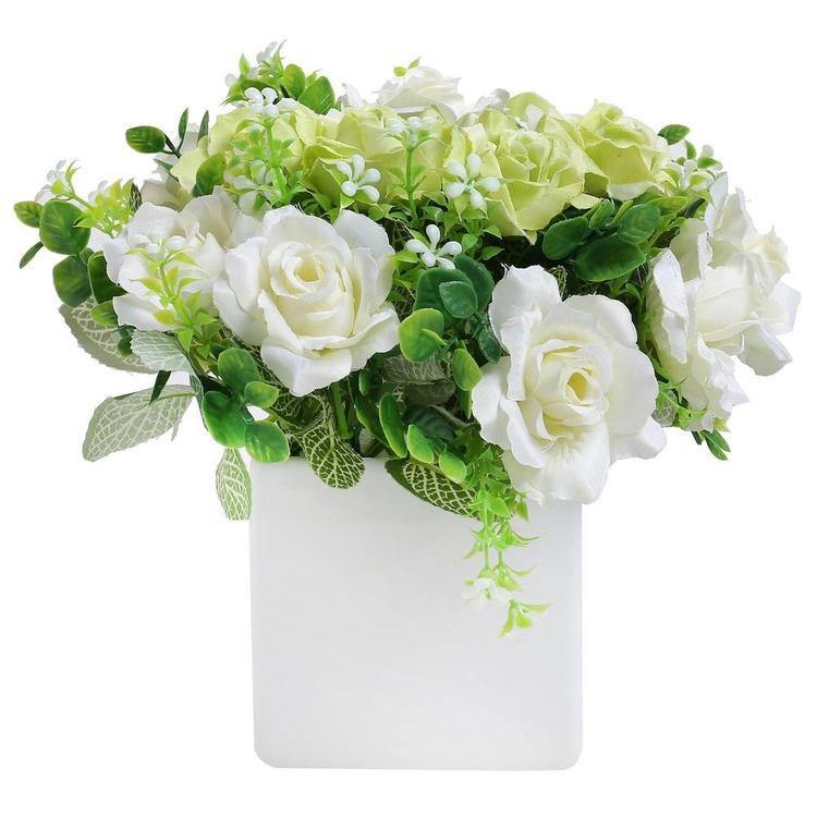 Faux Ivory Rose Floral Arrangement in White Ceramic Vase - MyGift