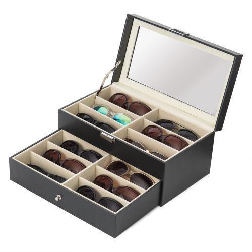 Deluxe Black Leatherette Eyewear & Sunglasses Display Case w/Glass Lid - MyGift