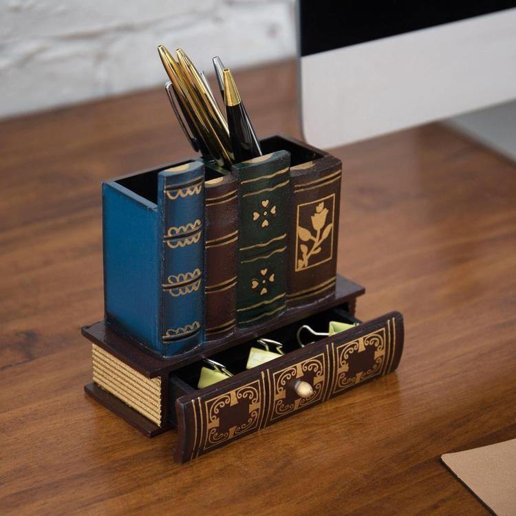 MyGift Decorative Library Books Design Wooden Office Supply Caddy Pencil Holder Organizer with Bottom Drawer