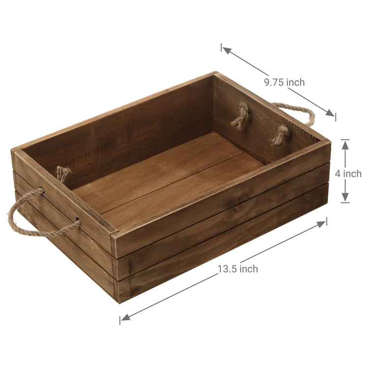 Rustic Brown Wood Storage Crate w/ Rope Handles-MyGift