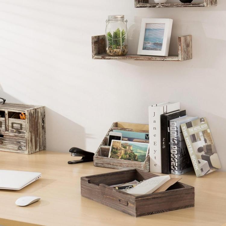 Distressed Brown Vintage Wood Office Desktop Paper, File, Folder, Magazine Tray - MyGift Enterprise LLC