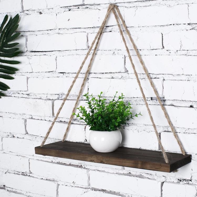 17-Inch Distressed Wood Hanging Swing Rope Floating Shelves, Set of 2, Brown - MyGift Enterprise LLC