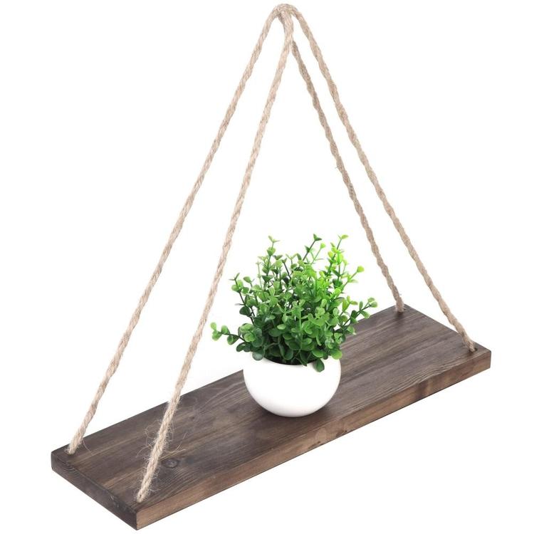 17-Inch Distressed Wood Hanging Swing Rope Floating Shelves, Set of 2, Brown - MyGift Enterprise LLC