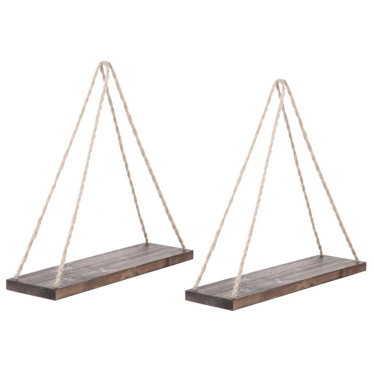 17-Inch Distressed Wood Hanging Swing Rope Floating Shelves, Set of 2, Brown - MyGift Enterprise LLC