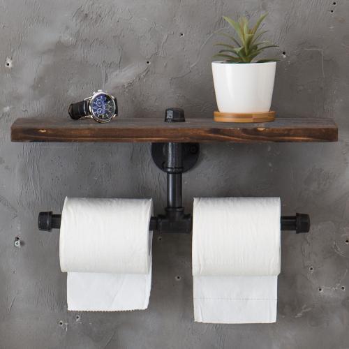 Dual-Pipe Toilet Paper Holder with Vintage Brown Wood Shelf