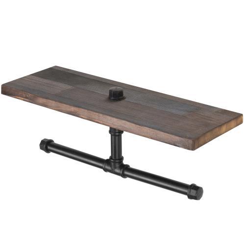 Dual-Pipe Toilet Paper Holder with Vintage Brown Wood Shelf