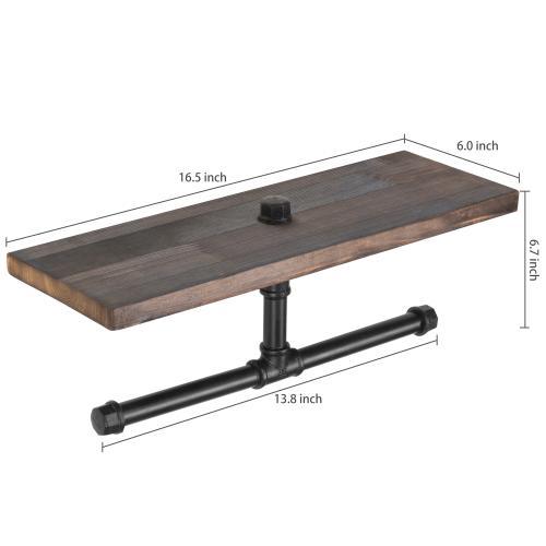 Dual-Pipe Toilet Paper Holder with Vintage Brown Wood Shelf