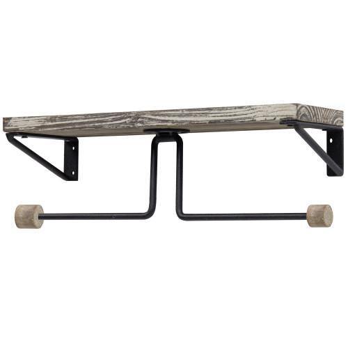 Dual-Roll Torched Wood & Black Metal Toilet Paper Holder with Shelf - MyGift