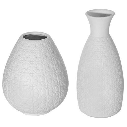 Elegant Matte White Art Deco Floral Embossed Ceramic Vase, Set of 2 - MyGift