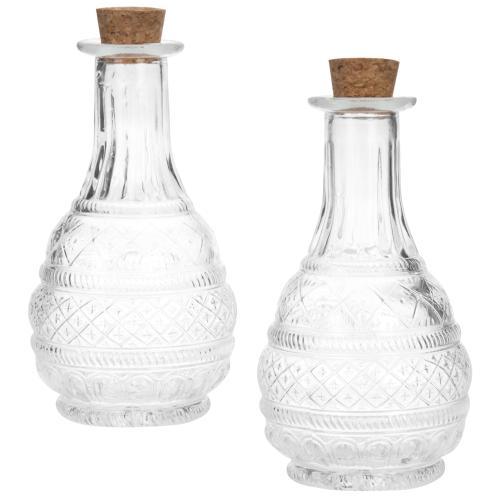 Embossed Apothecary Glass Bottle with Cork Lid, Set of 2