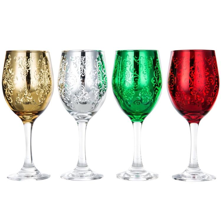 Etched Glass Holiday Wine Glasses, Set of 4