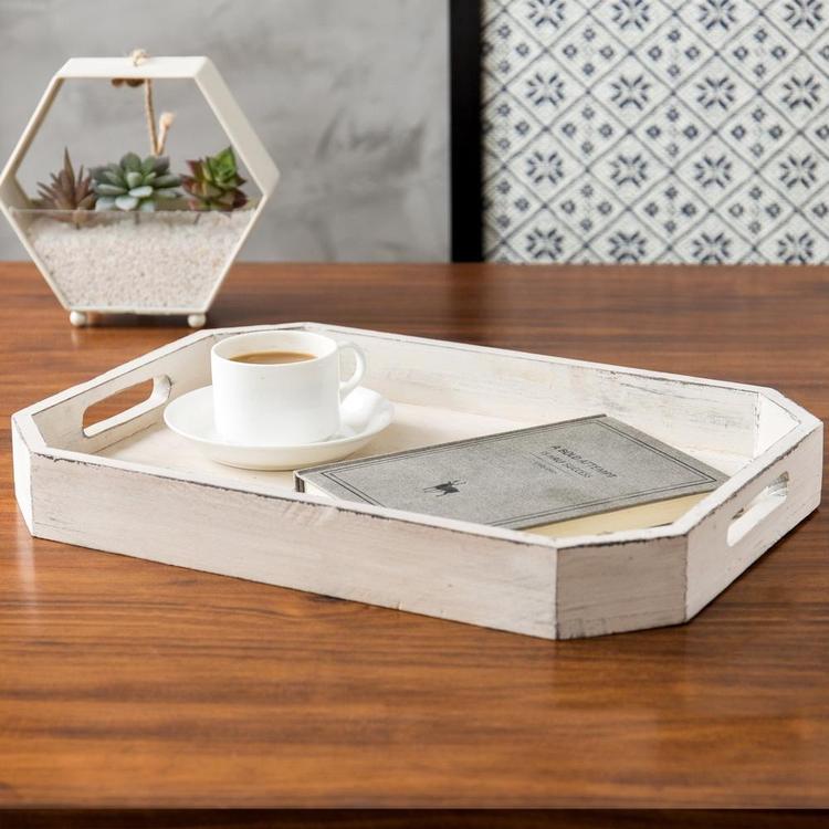 Rustic Whitewashed Wood Serving Tray with Cut-out Handles and Angled Edges - MyGift Enterprise LLC