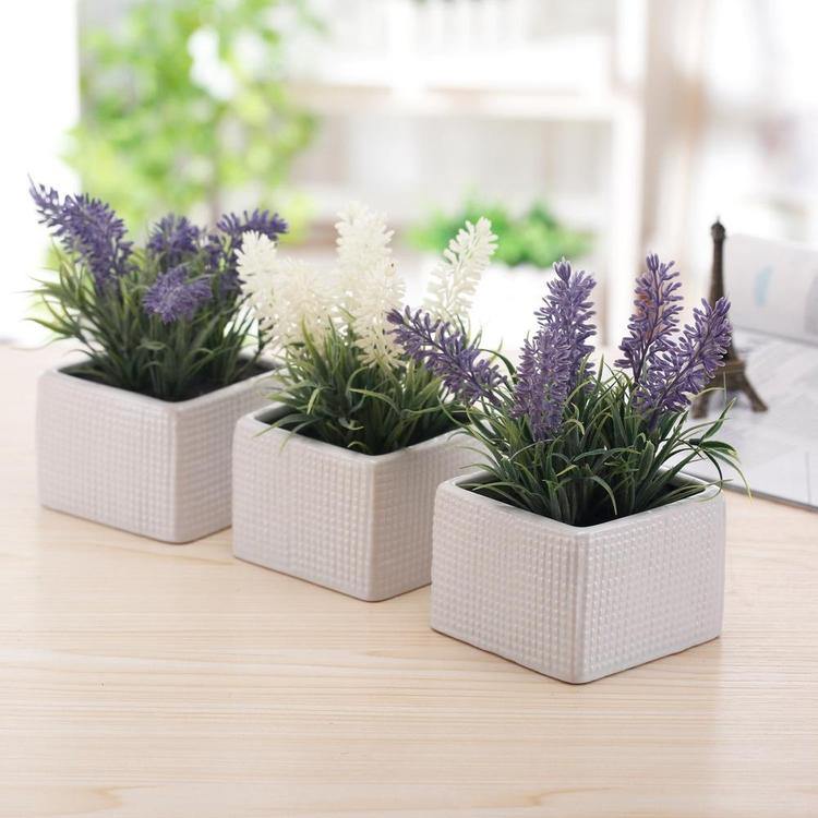 Faux Lavender Plants in White Ceramic Pots, Set of 3 - MyGift