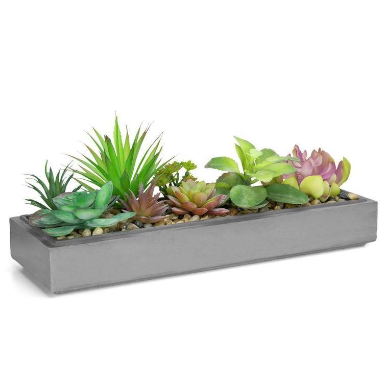Faux Plant Arrangement in Modern Gray Clay Planter Tray - MyGift