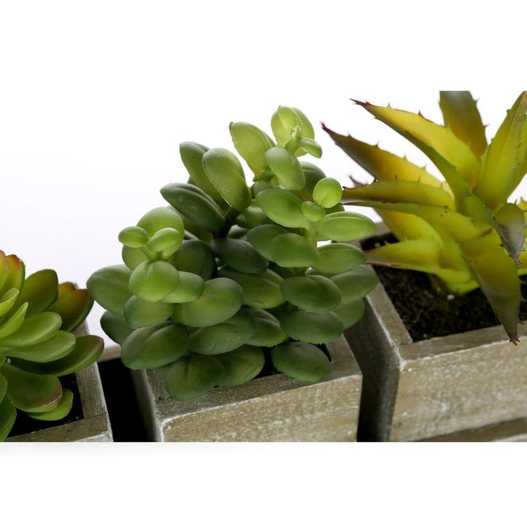 Faux Succulent Plants w/ Rustic Wood Square Pots & Rectangular Tray, Set of 3 - MyGift Enterprise LLC