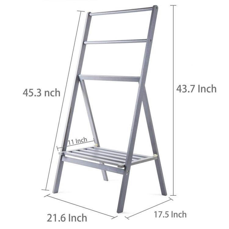 Freestanding 43-Inch Bamboo Folding Towel Stand with Shelf, Gray - MyGift Enterprise LLC