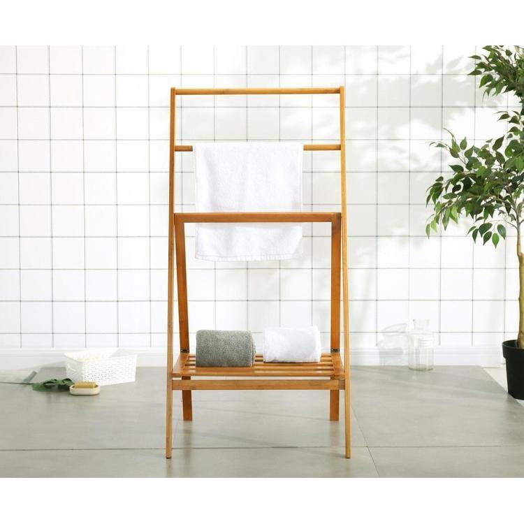 Freestanding Bamboo Towel Stand with Shelf, Natural Brown - MyGift