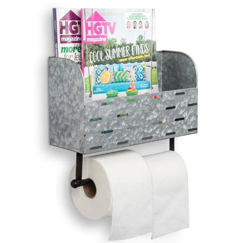 Galvanized Metal Double Roll Toilet Paper Rack with Magazine Basket - MyGift
