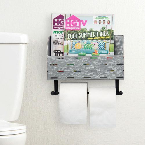 Galvanized Metal Double Roll Toilet Paper Rack with Magazine Basket - MyGift