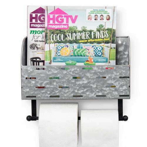 Galvanized Metal Double Roll Toilet Paper Rack with Magazine Basket - MyGift