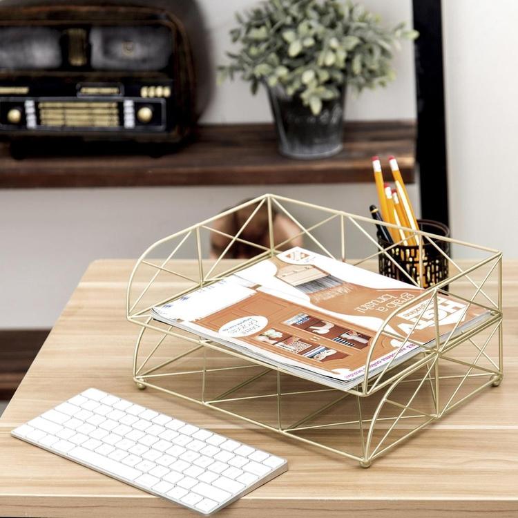 2-Tier Geometric Light Gold-Tone Metal Desktop Stacked Letter Tray - MyGift Enterprise LLC