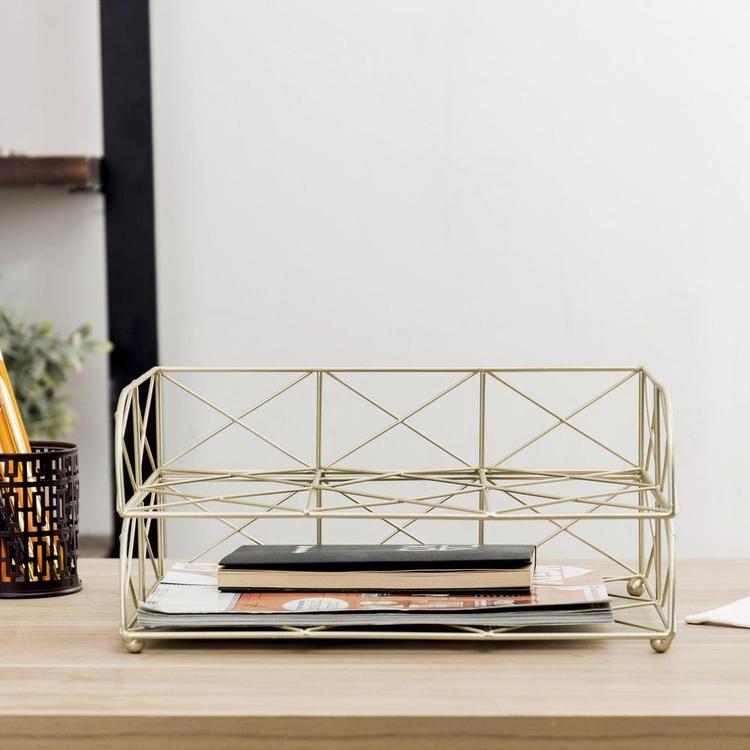 2-Tier Geometric Light Gold-Tone Metal Desktop Stacked Letter Tray - MyGift Enterprise LLC
