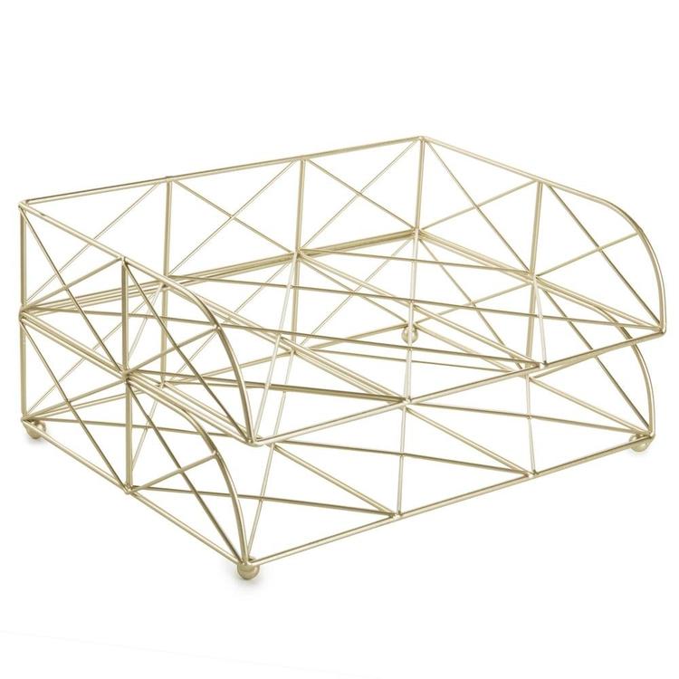 2-Tier Geometric Light Gold-Tone Metal Desktop Stacked Letter Tray - MyGift Enterprise LLC