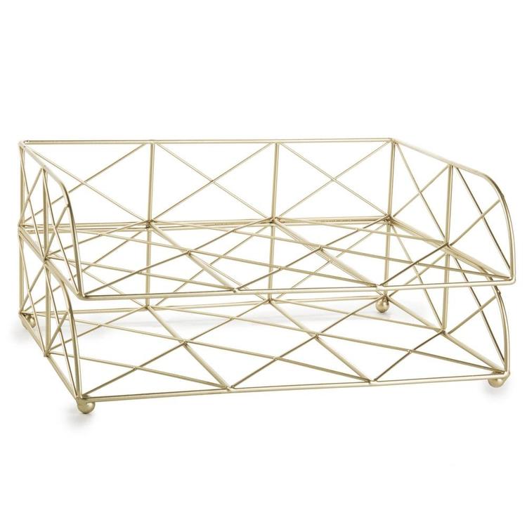 2-Tier Geometric Light Gold-Tone Metal Desktop Stacked Letter Tray - MyGift Enterprise LLC