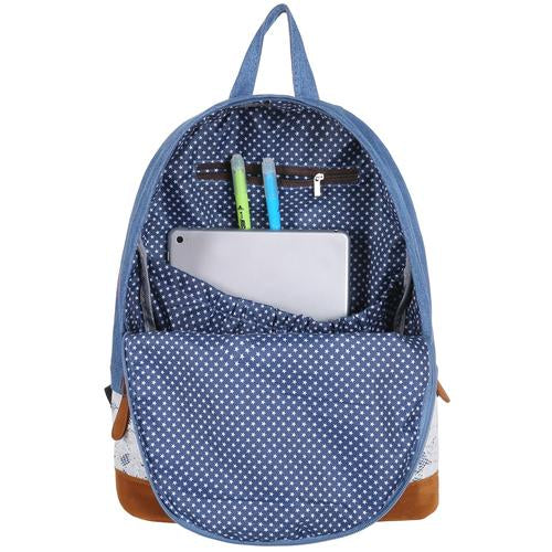 Girls Dark Blue Denim Backpack with Lace Overlay & Faux Suede