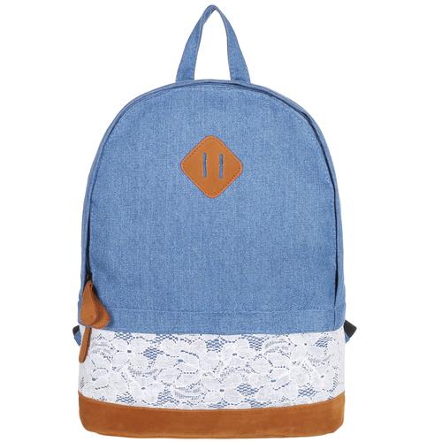 Girls Dark Blue Denim Backpack with Lace Overlay & Faux Suede