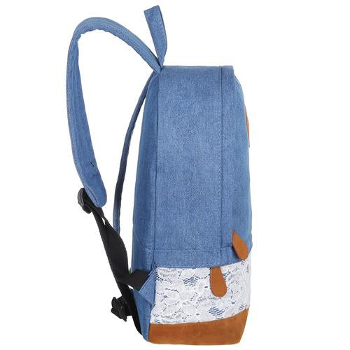 Girls Dark Blue Denim Backpack with Lace Overlay & Faux Suede