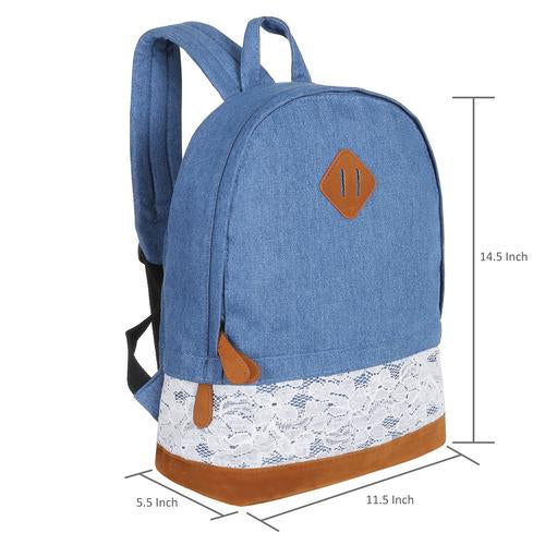Girls Dark Blue Denim Backpack with Lace Overlay & Faux Suede