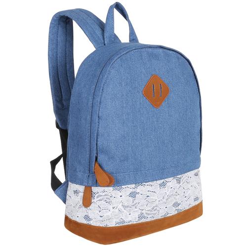 Girls Dark Blue Denim Backpack with Lace Overlay & Faux Suede