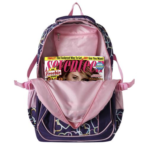 Girls' School Backpack, Purple w/ Rainbow Hearts Design, 18-Inch
