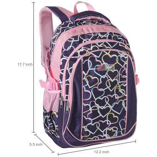 Girls' School Backpack, Purple w/ Rainbow Hearts Design, 18-Inch