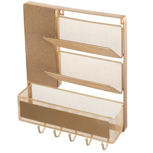 Gold Metal Mesh Mail Sorter with Storage Basket, Cork Board, and Key Hooks - MyGift
