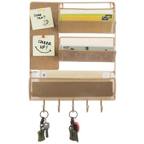 Gold Metal Mesh Mail Sorter with Storage Basket, Cork Board, and Key Hooks - MyGift